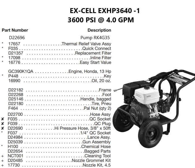 EX-CELL model EXHP3640-1 power washer parts